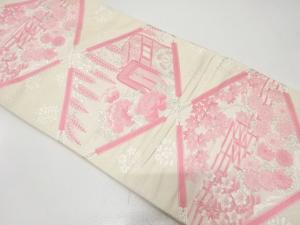 斜め格子に御所車・草花模様織り出し　袋帯